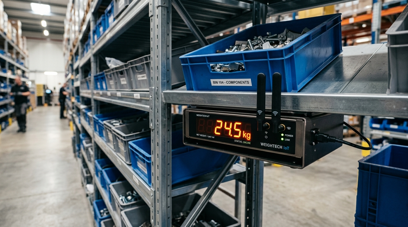 SmartWeight IoT Load-Cell Scale Platform under inventory bins