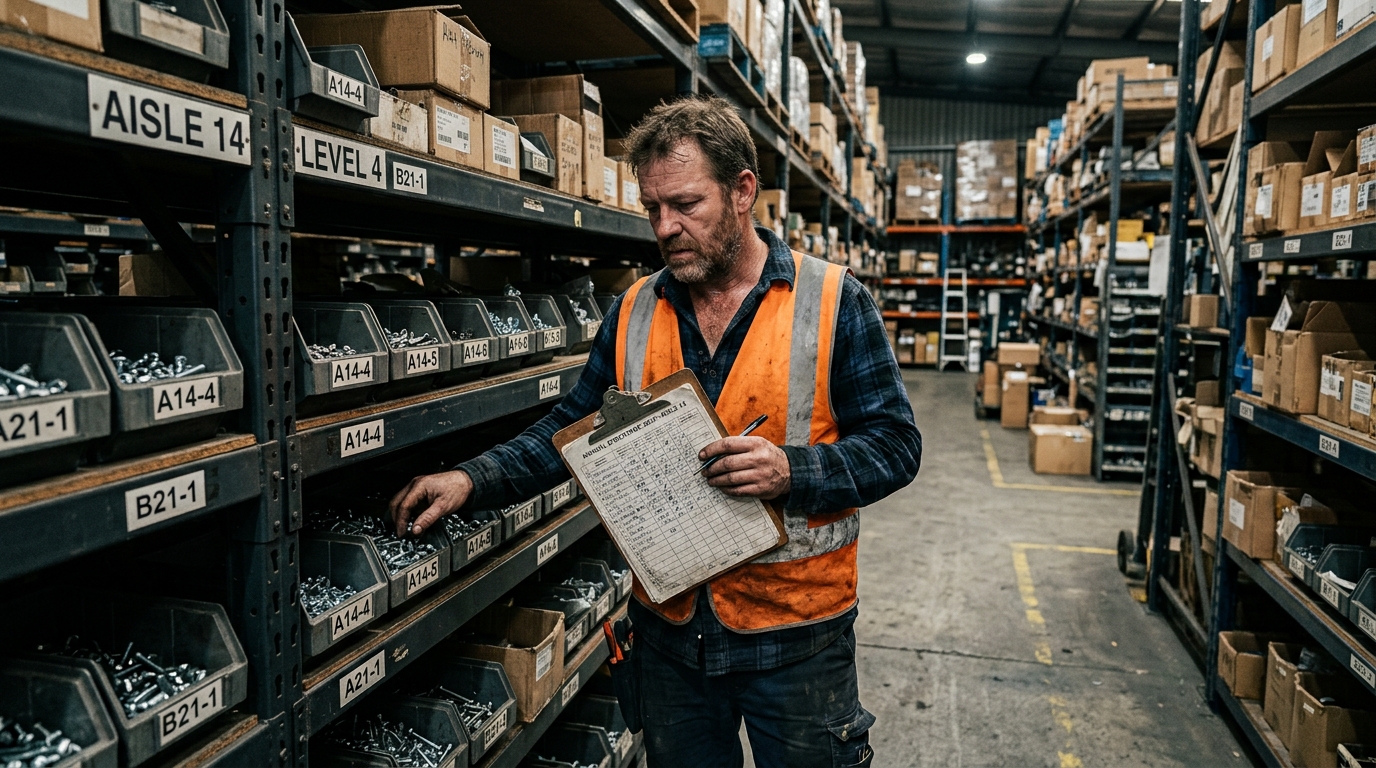 Warehouse manager manually counting inventory with clipboard