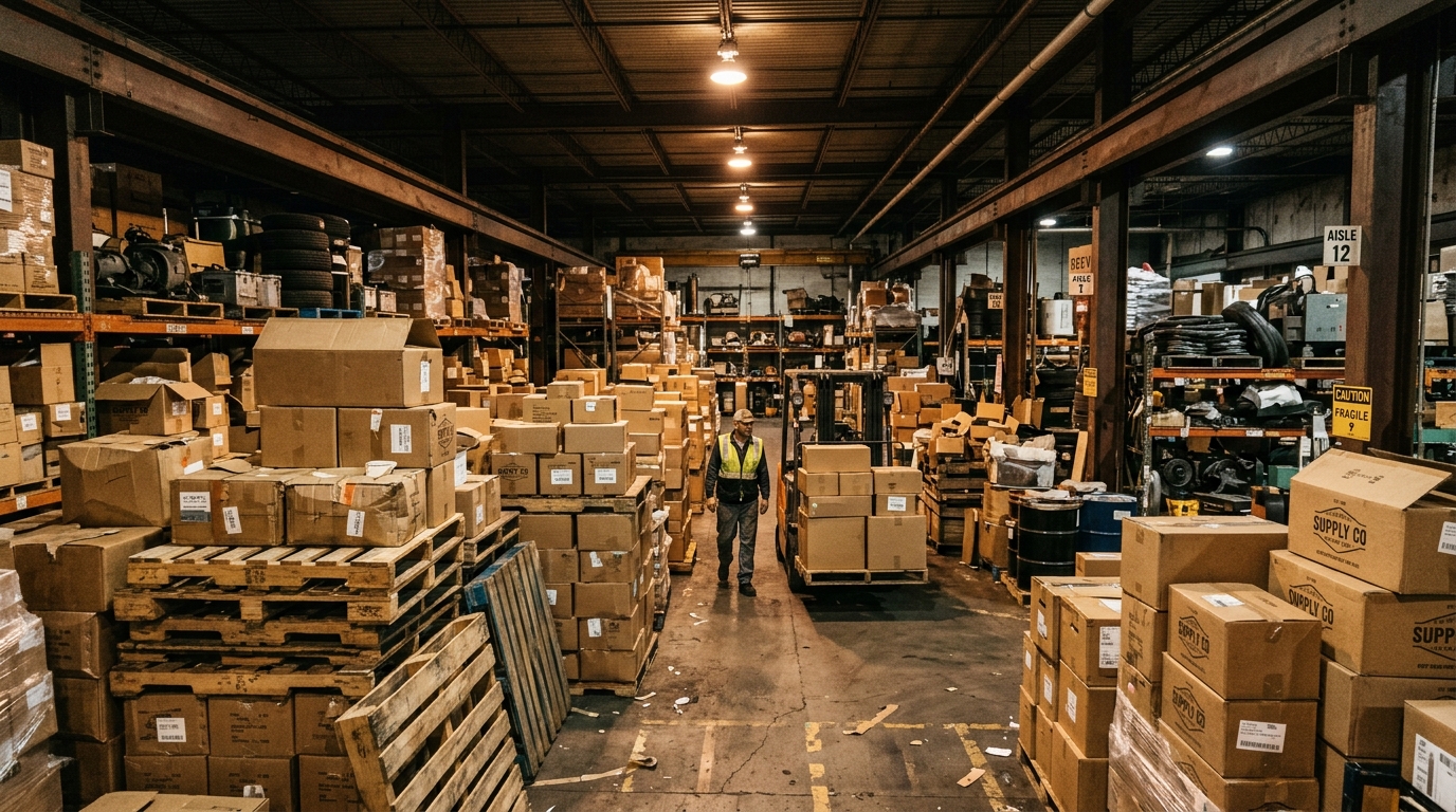 Overcrowded warehouse storage boxes illustrating overstocking