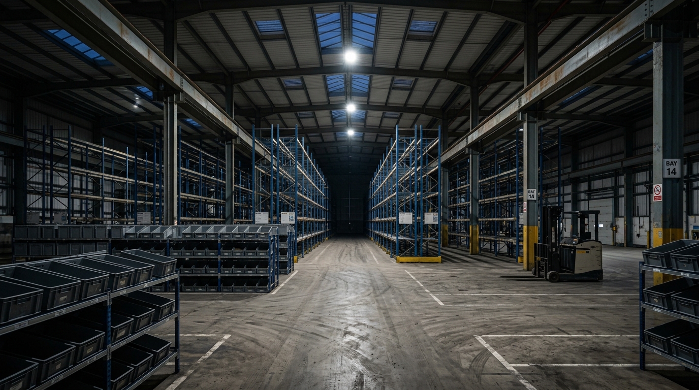 Empty warehouse shelves representing stockouts